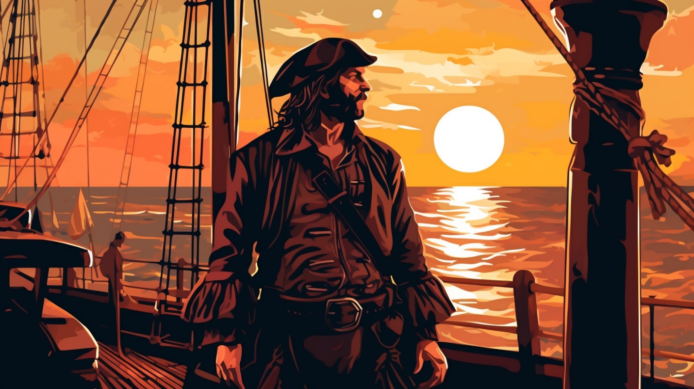 Pirate sailing the high seas at sunset
